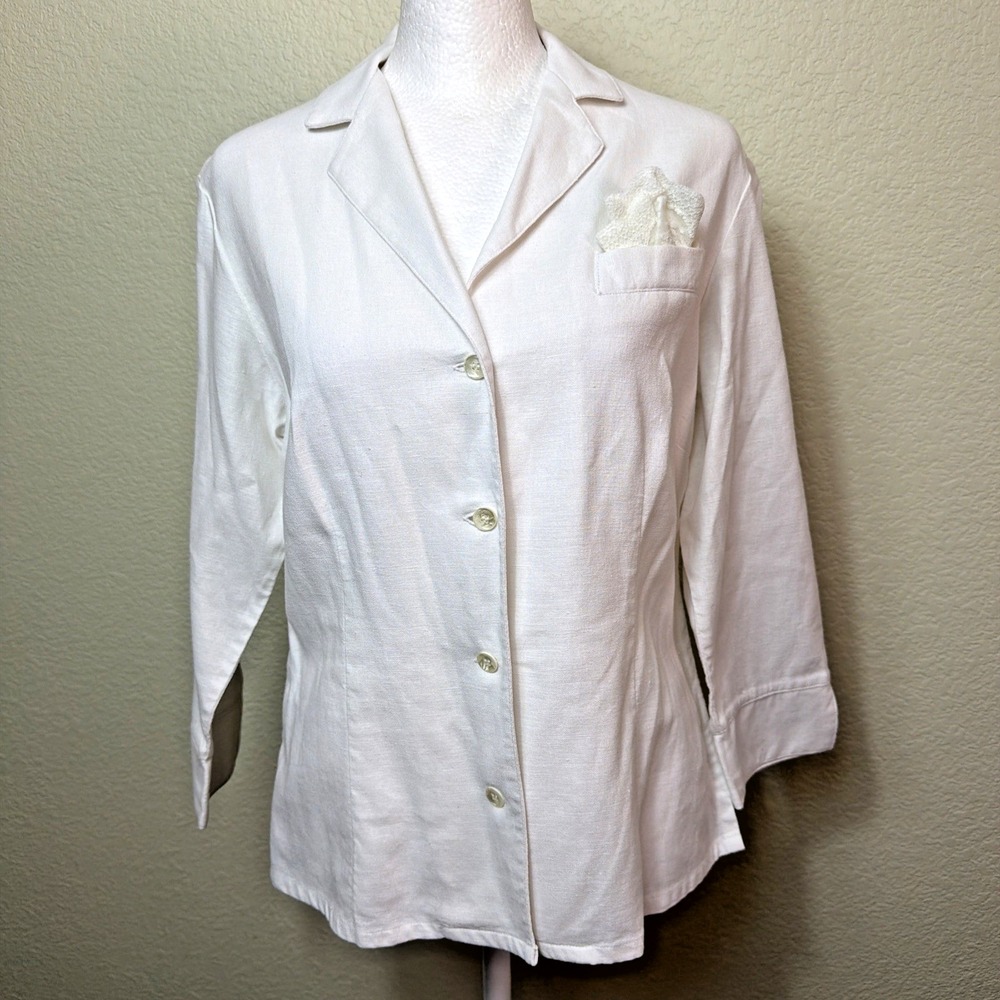 White Stag Linen Blouse Top S 4 6 Coastal Shacket Summer Solid Collared Classic